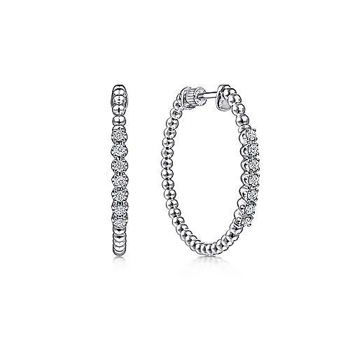 14K W Gold 0.30cttw 30mm Beaded Diamond Hoop Earrings