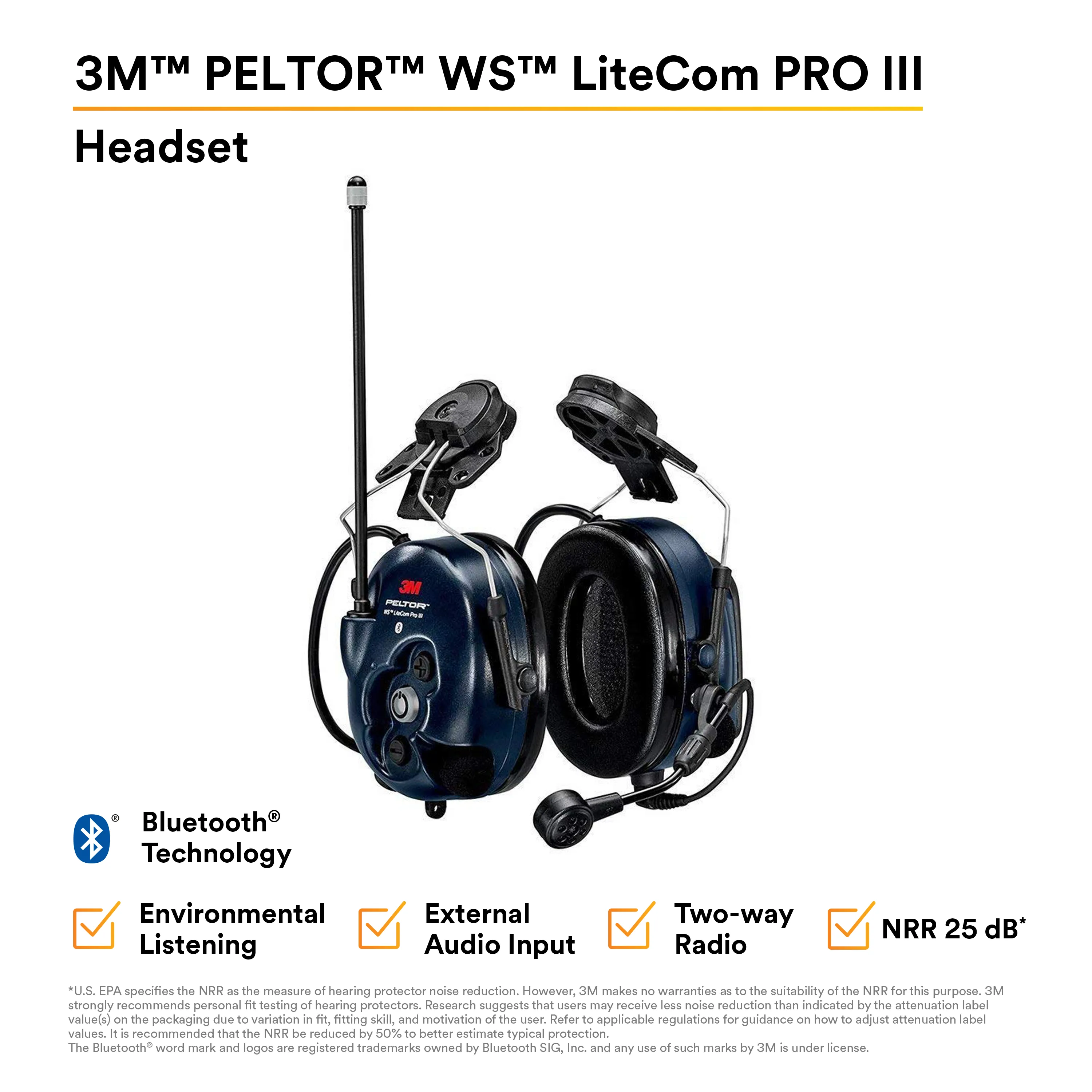 3M PELTOR WS LiteCom PRO III Headset - Hard Hat Attached - MT73H7P3E4D10-NA