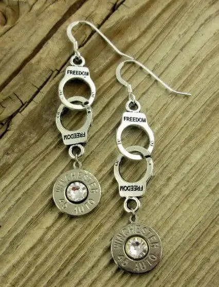 Handcuff Bullet Earrings, 45 Auto Nickel