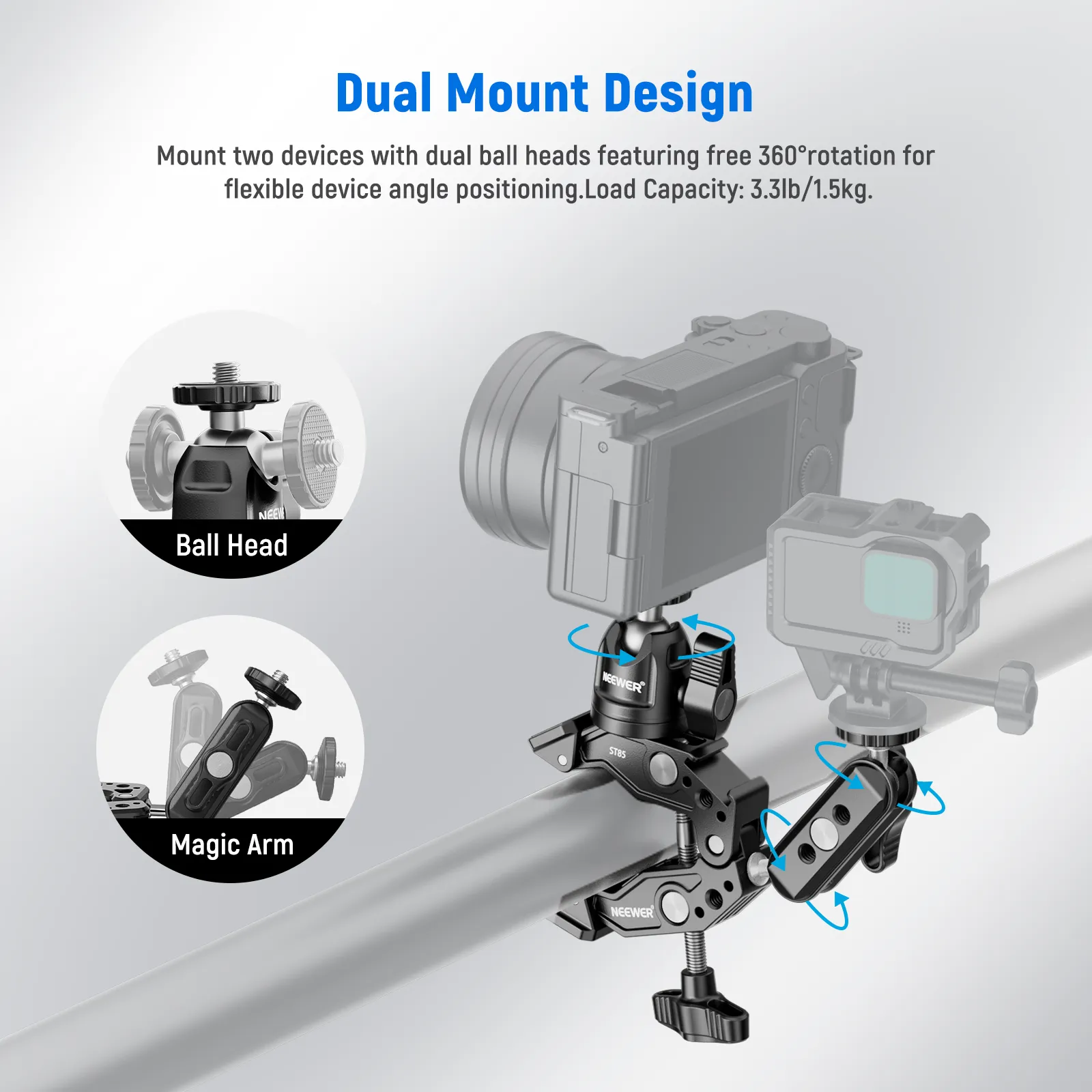 NEEWER ST58 Super Clamp with 3" Dual Ballhead Magic Arm