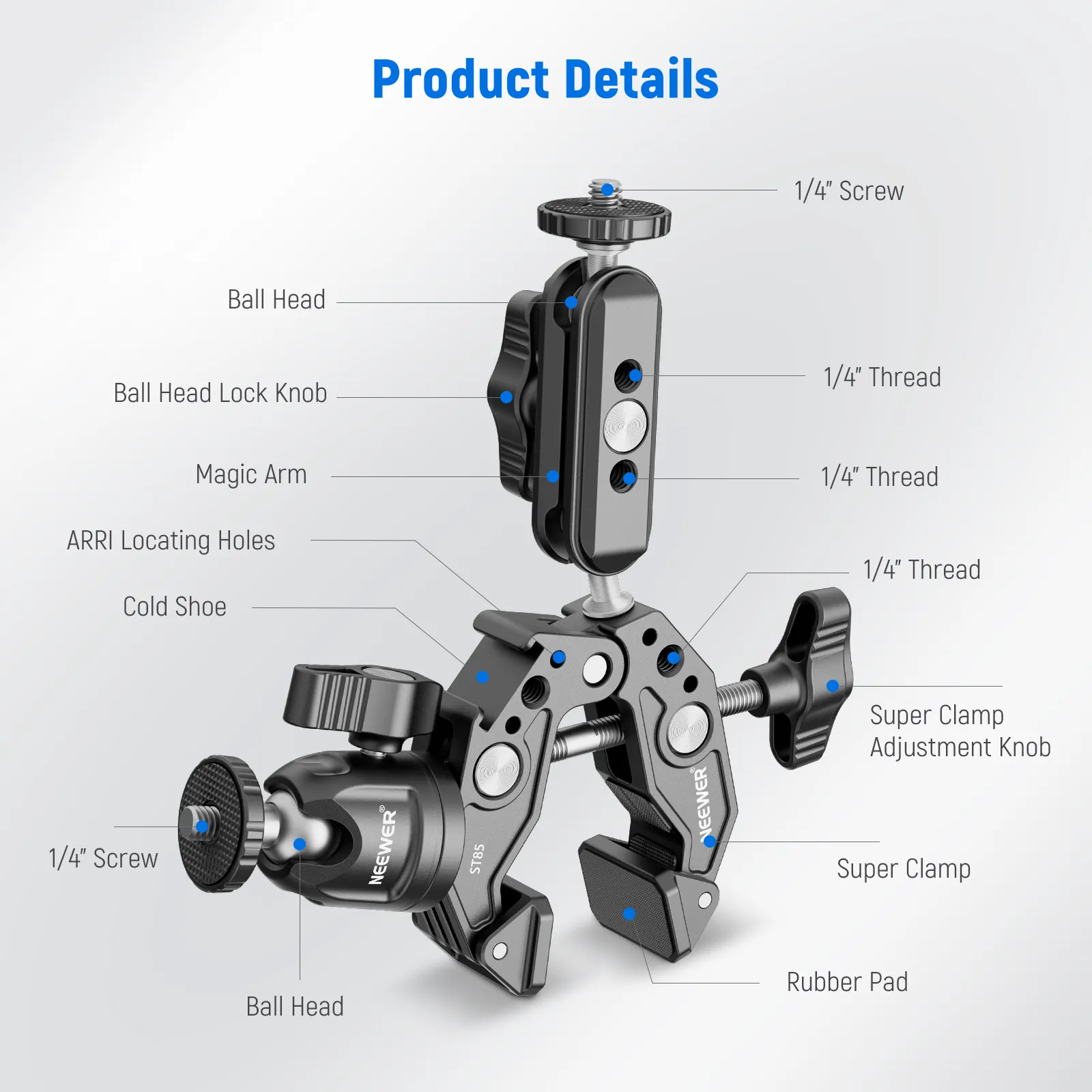 NEEWER ST58 Super Clamp with 3" Dual Ballhead Magic Arm