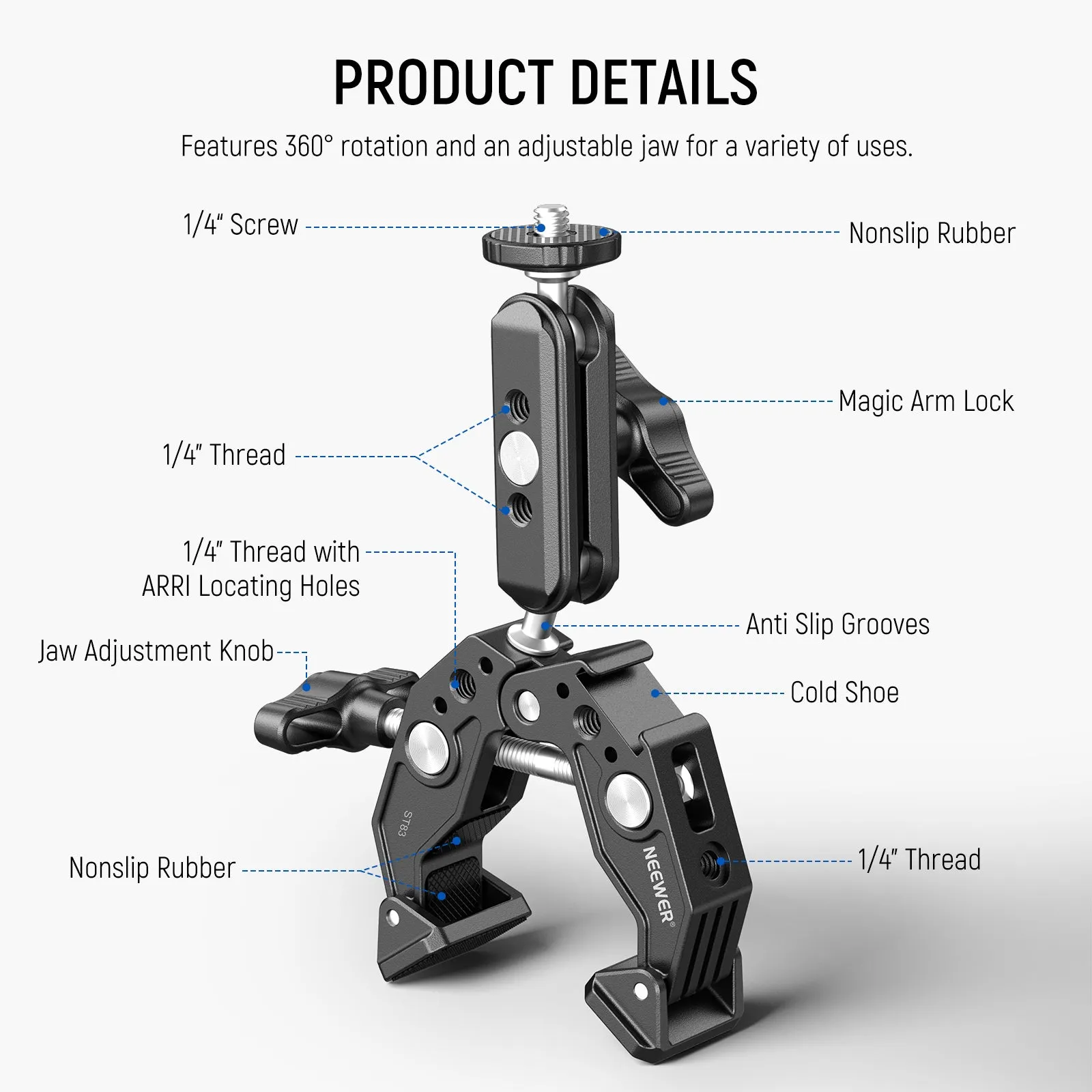 NEEWER ST83 Super Clamp with 3" Dual Ballhead Magic Arm