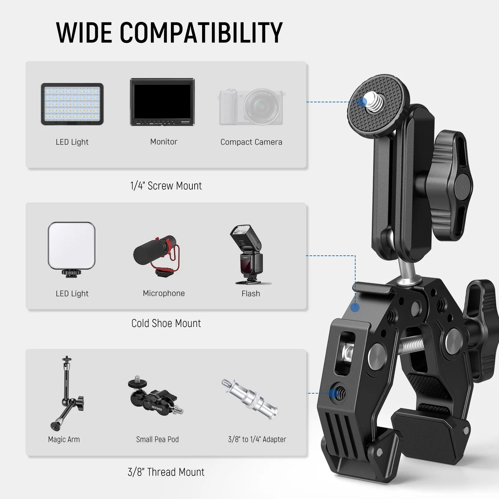 NEEWER ST83 Super Clamp with 3" Dual Ballhead Magic Arm