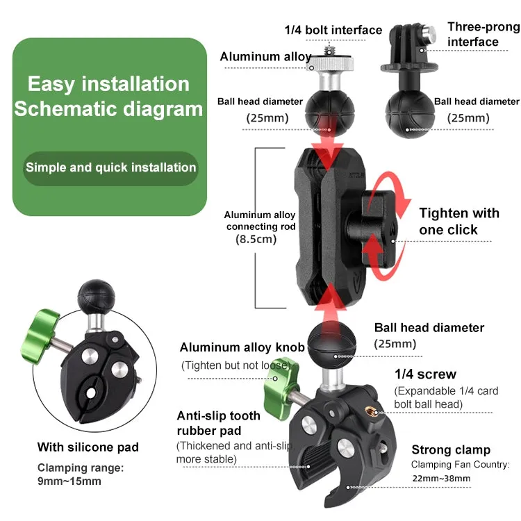 RUIGPRO Crab Clamp Action Camera Bracket 1/4 Ball Head Dual-Head Crab with Selfie Stick