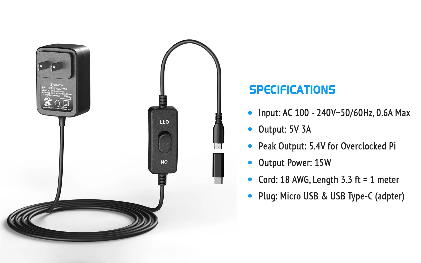 Sonicon Power Supply Charger AC Adapter Micro USB Type C w/ Power On/Off Switch & USB C Adapter for Raspberry Pi 3, 4 - 3.3ft