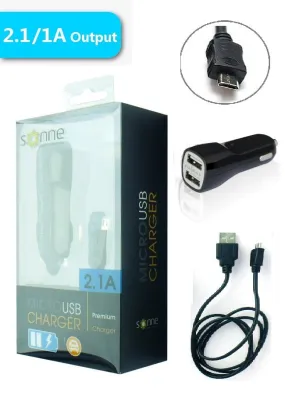 SONNE WIRELESS PREMIUM BLACK CAR PLUG 2.1/1 Amp DUAL USB PORT WITH MICRO/V9 DATA CABLE