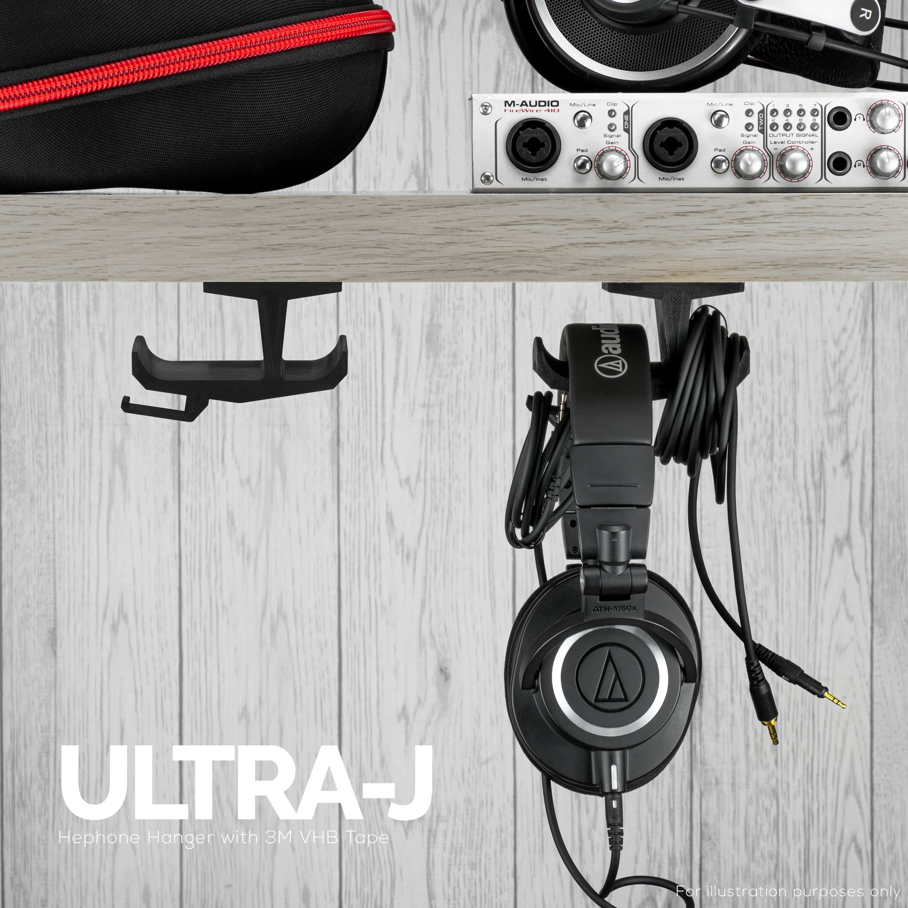 Ultra-J: Under Desk Headphone Hanger Holder with Cable Hook