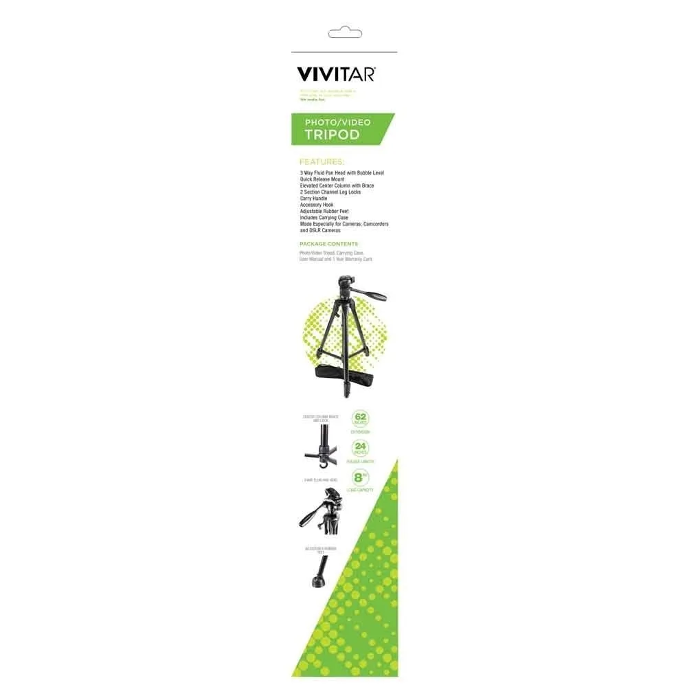 Vivitar 62" Tripod High Quality 8lb Capacity 3-Way Fluid Pan Head Quick Release Bubble Level