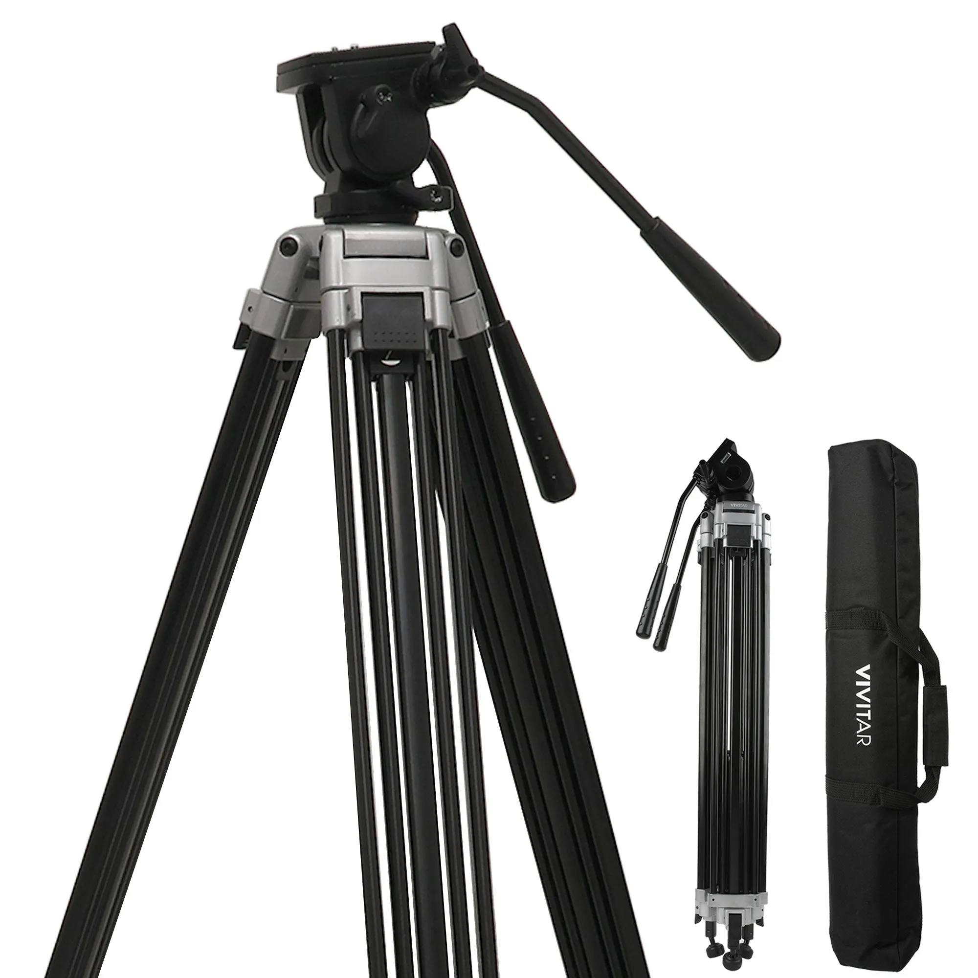 Vivitar Cinema Series 75" Aluminum Alloy Tripod Twin Handle Control Two-Way Fluid Head 360° Panning 30lbs Load Capacity