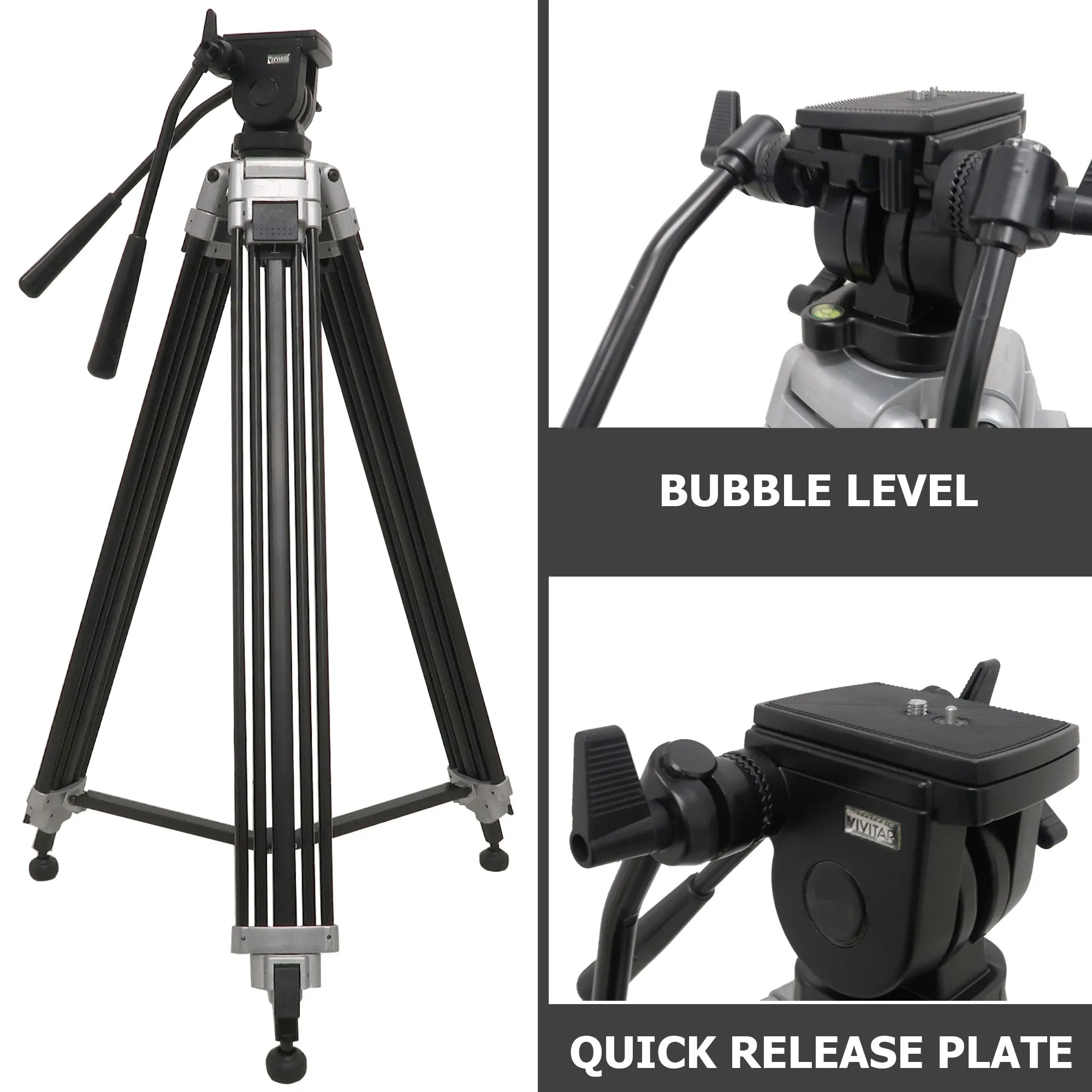 Vivitar Cinema Series 75" Aluminum Alloy Tripod Twin Handle Control Two-Way Fluid Head 360° Panning 30lbs Load Capacity