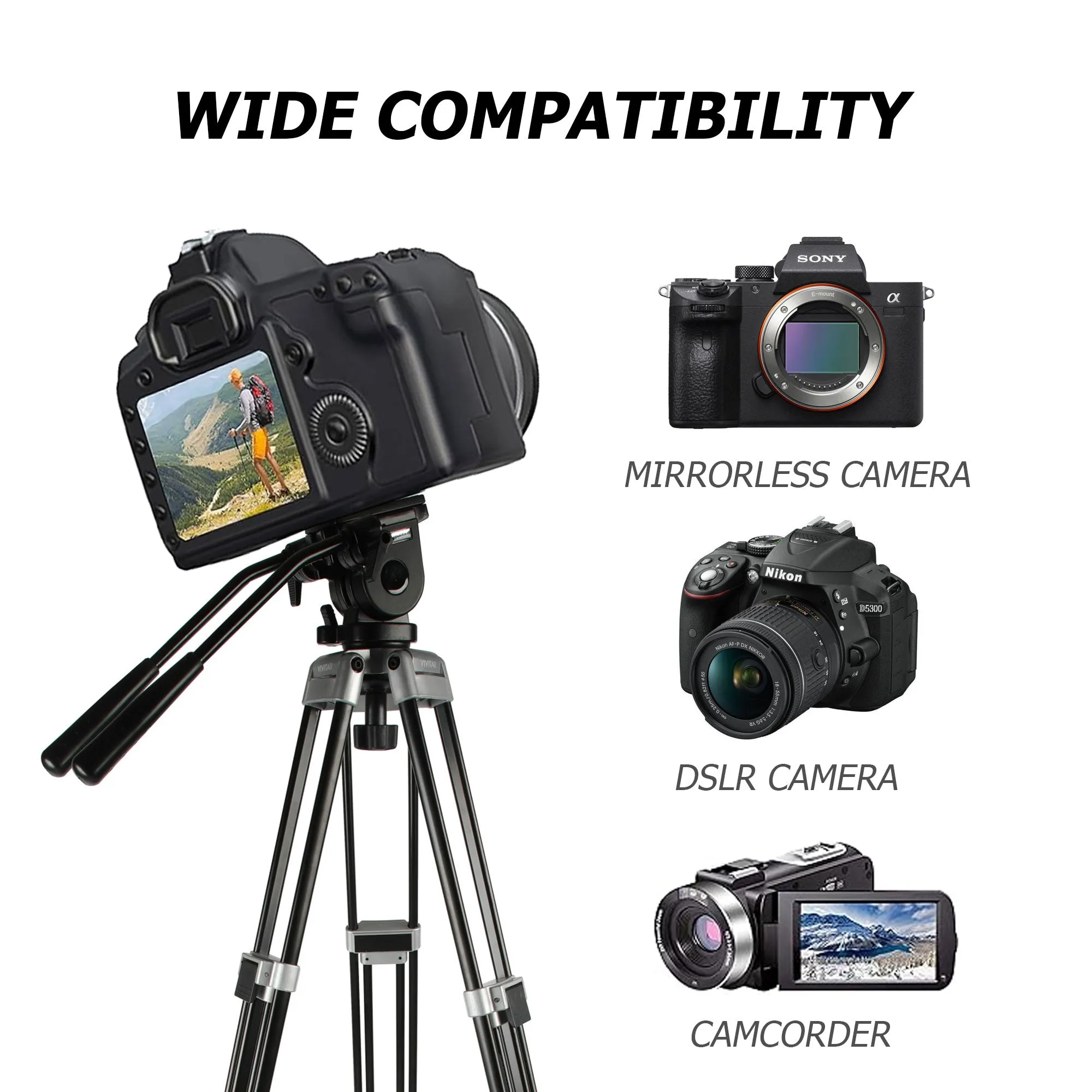 Vivitar Cinema Series 75" Aluminum Alloy Tripod Twin Handle Control Two-Way Fluid Head 360° Panning 30lbs Load Capacity