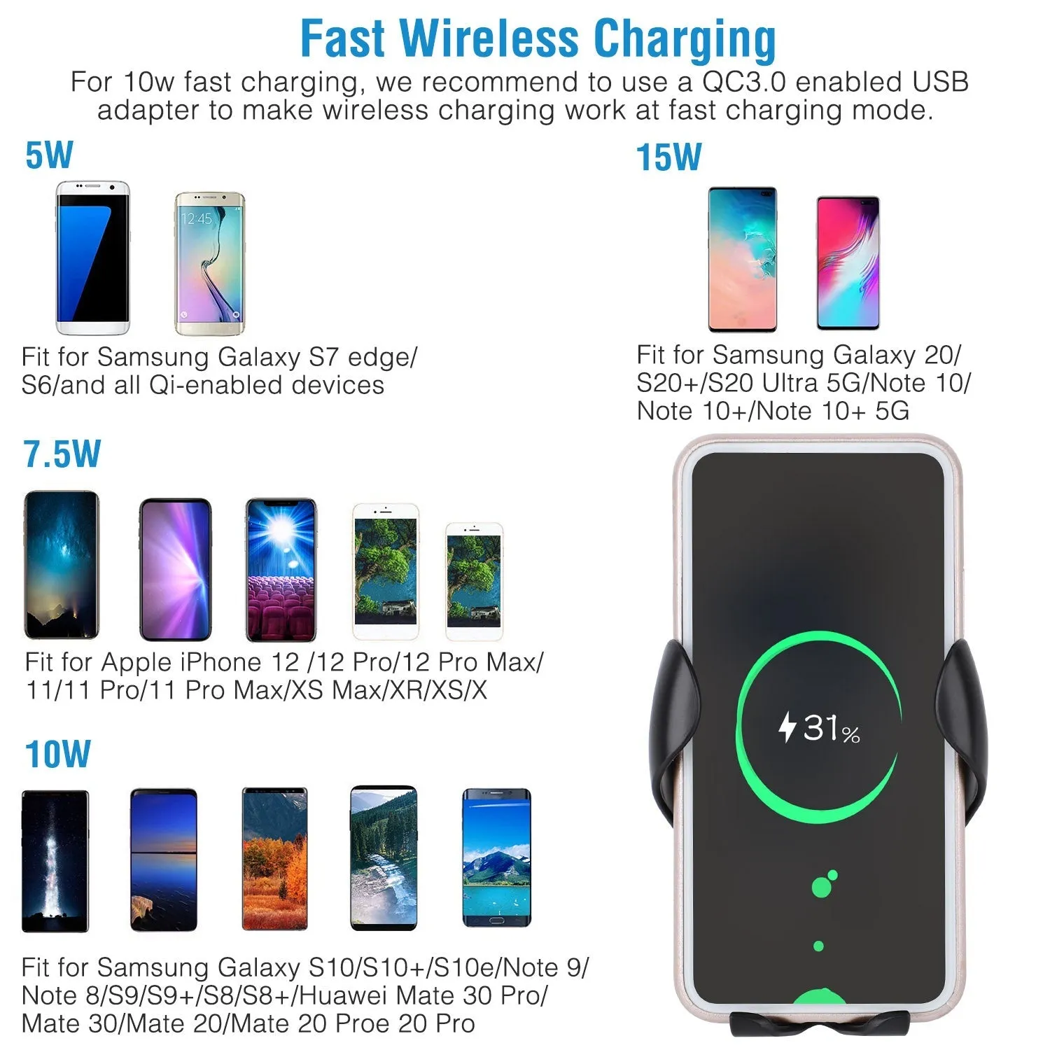 Wireless Car Charger 15W Qi Fast Charging Car Mount